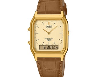 CASIO Vintage AQ230EGL-9A Guldklocka Brunt Läderarmband, Specialgraverad Retro Analog Digitalklocka, Present Till Honom Henne