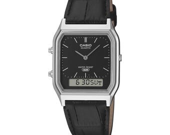 Anpassad graverad Casio Vintage AQ230EL-1A, Retro analog digitalklocka, Personlig present, Klassisk Casio-klocka, Läderarmband