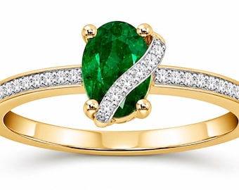 14K gult guld smaragd- och diamantring, 1,00CT smaragd, 0,10CT diamantaccenter, elegant ädelstensring, propsale-ring