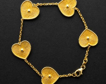 10K Yellow Gold Heart Bracelet, Diamond Cut Heart Bracelet, Fancy Gold Heart Bracelet, Love Bracelet, Gift for Her