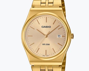 Modifierad Casio Vintage guldklocka MTPB145GC-9AV, Specialgraverad klocka, Guldtonat rostfritt stål, Personlig present till honom och henne
