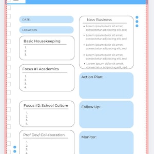 Könnte beinhalten: Eine Vorlage für eine Personalversammlung mit einem hellblauen Header und dem Text "Elementary School Staff Meeting Agenda". Die Agenda enthält Abschnitte für Datum, Ort und Diskussionsthemen.