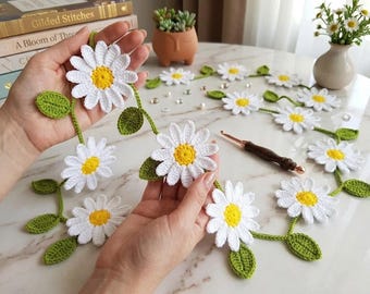 Patrón PDF para guirnalda de margaritas de primavera a crochet – Decoración bohemia para pared o cortina, decoración floral para el hogar, descarga instantánea.