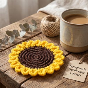 May include: A handmade sunflower coaster with a brown center and yellow petals sits on a rustic wooden surface. A mug of coffee, twine, and a sprig of eucalyptus are also on the table. The coaster has a tag that reads "Handmade Sunflower Coaster."