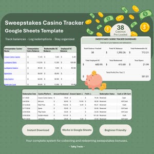 Sweepstakes Casino Tracker | Google Sheets Bonus Log (Digital Download)