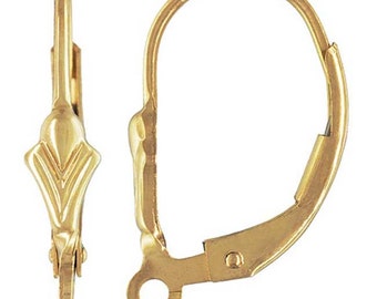 1 pair 14k Real Gold Fleur De Lis Lever back  Ear Earrings Wire with open loop stamped