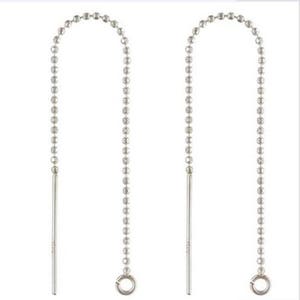 May include: A pair of silver earring findings with a ball chain and a jump ring at the bottom.