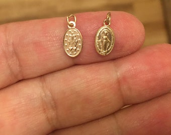 14k Solid Gold Teeny Tiny Miniature MINI Baby Miraculous Blessed Mother Virgin Mary Pendant Charm 9mm x 6mm Medal