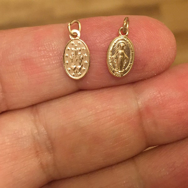 14k Solid Gold Teeny Tiny Miniature MINI Baby Miraculous Blessed Mother Virgin Mary Pendant Charm 9mm x 6mm Medal