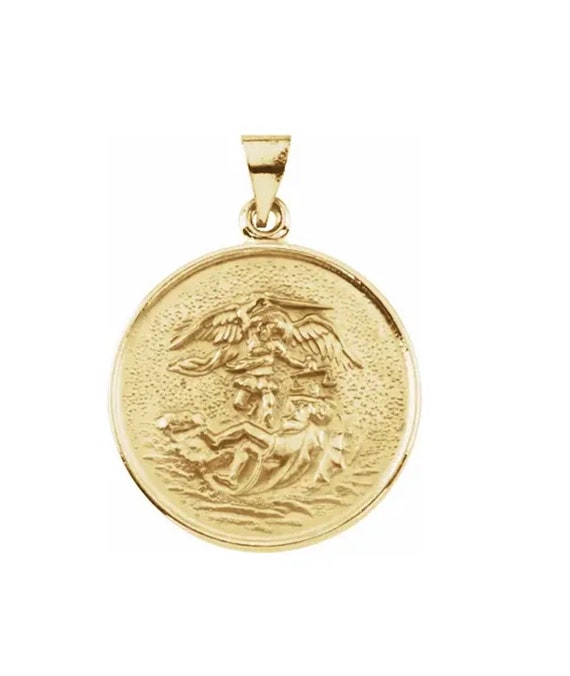 18K Solid Yellow Gold Round Small or Large St. Saint Michael - Etsy