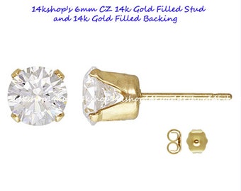 1 pair 14k 6mm CZ 14k Gold Filled Ear Earring Studs with backings stamped