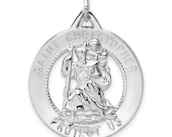 Round Shiny Open Sterling Silver Die Struck 925 Saint St. Christopher charm pendant medal