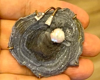 14k Gold Large Druzy Agate Pin Brooch with Fresh Water Pearl and Diamonds Vintage One of a Kind OOAK