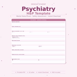 May include: A pink and white Psychiatry H&P Template for medical students. The template includes sections for patient identifiers, chief complaint, safety assessment, mental status examination, psychiatric history, substance use history, medications, and family history. The text "Psychiatry H&P Template" is displayed in large, bold letters.