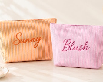 Personalized Striped Makeup Bag, Custom Name Cosmetic Pouch, Bridesmaid Proposal Gift, Monogrammed Toiletry Bag, Travel Accessory