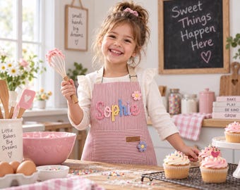 子供用名入れエプロン、名前刺繍入り幼児用カスタムエプロン、ポケット付きストライプエプロン、クッキングパーティー、子供への誕生日プレゼント