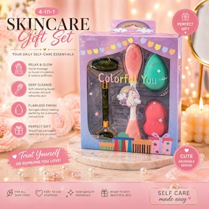 Cute Skincare Gift Set – Facial Roller, Cleansing Brush & Beauty Sponges – Self Care Kit for Women – Beauty Gift Box