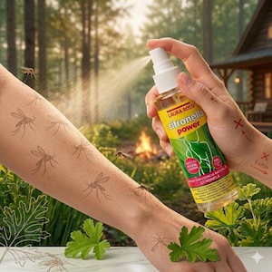 Peut inclure: Une personne vaporisant du spray citronnelle sur son bras. Le flacon de spray porte une étiquette jaune et verte avec le texte "LAURA ROSSI citronella power". Le bras présente des illustrations de moustiques et le mot "Evitar" est visible.