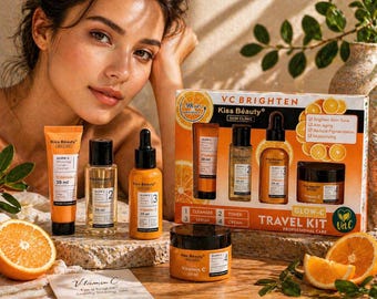 Set de cuidado facial con vitamina C – Kit de viaje para realzar la luminosidad – Rutina iluminadora, antiedad e hidratante – Limpiador, tónico, sérum y crema.