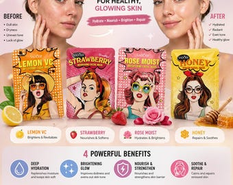 Face Mask Set (4 Pack) – Vitamin C, Strawberry, Rose & Honey Sheet Masks for Glowing Skin, Skincare Gift Set