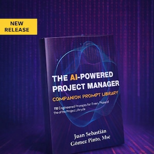 May include: A book titled "The AI-Powered Project Manager" with the subtitle "Companion Prompt Library." The cover is dark blue with a blue and white abstract design. The text "NEW RELEASE" is in a yellow box in the upper left corner.