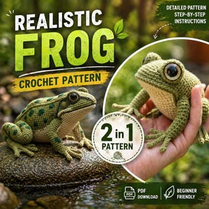 Pode incluir: Um padrão de crochê para uma rã realista. A imagem mostra duas rãs de crochê, uma em uma rocha e a outra na mão. O texto diz "Realistic Frog Crochet Pattern" e "2 in 1 Pattern". O padrão é adequado para iniciantes e está disponível como download em PDF.