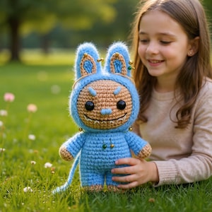 May include: A handmade blue and tan crochet doll with a monster-like face and a hood. The doll has black eyes, a stitched smile, and gold accents. It is set against a backdrop of green grass and a blurred background.