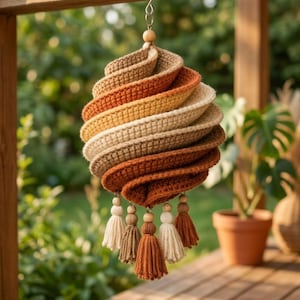 May include: A spiral-shaped crochet hanging decoration featuring layered bands in shades of brown, orange, and cream. The piece is suspended from a silver metal hook and includes five dangling yarn tassels accented with small wooden beads.