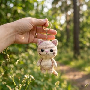 May include: A crocheted cat keychain in beige and pink, held against a blurred green background. The cat has black eyes, a pink nose, and small whiskers. The keychain is attached to a gold-colored ring.