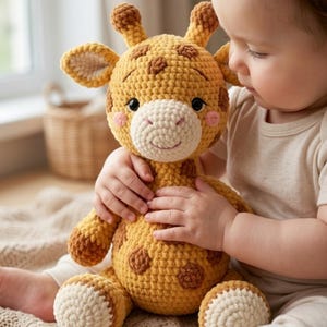 Könnte beinhalten: Ein handgefertigtes gehäkeltes Giraffen-Plüschtier in Gelb- und Brauntönen. Die Giraffe hat braune Flecken, kleine Ohren und eine weiße Schnauze. Das Spielzeug wird von einem Kind gehalten. Dieses weiche Spielzeug ist perfekt für ein Baby oder Kleinkind.