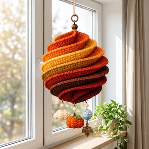 May include: A hanging crochet spiral ornament featuring a gradient of autumn colors including orange, yellow, red, and brown. The piece is suspended by a twine loop and includes small dangling crochet charms shaped like a cloud, a pumpkin, and a leaf.