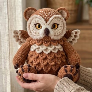 May include: A handmade brown and cream-colored owl plush toy with large yellow eyes, wings, and a textured body. The owl is held in a person's hands, showcasing the soft, cuddly design. The plush has bear-like ears and paw-shaped feet.