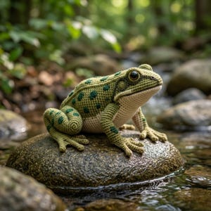 May include: A crocheted frog with green and tan coloring sits on a rock in a stream. The frog has dark green spots and detailed features, including large eyes and textured skin. The background shows a blurred forest scene.