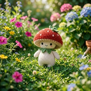 May include: A crocheted mushroom figure with a red cap dotted with white spots, a beige stem, and green leaves. The figure has a smiling face and is set in a garden with colorful flowers and green grass.