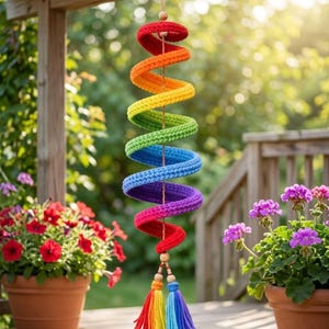 May include: A hanging spiral decoration made of crocheted yarn in a rainbow gradient of red, orange, yellow, green, blue, and purple. The spiral is suspended by a thin cord with wooden beads and features two multi-colored yarn tassels at the base.
