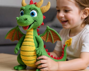 Patrón de ganchillo de dragón en PDF, juguete de peluche amigurumi, regalo para niños pequeños (descarga digital)