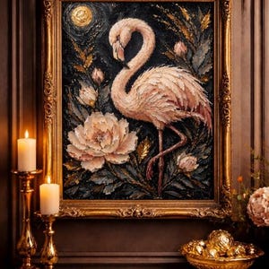 May include: An ornate framed painting of a flamingo with a large flower and foliage. The painting has a gold frame and is set against a dark background. Two lit candles in gold candle holders are in the foreground.