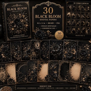 以下が含まれることがあります： 黒と金のフローラルデザインが施された30枚のデジタルペーパー「Black Bloom」コレクション。セットには300 DPIの21.59 x 27.94 cmのPNGファイルが含まれます。画像には、暗いバラのモチーフ、装飾的な縁取り、罫線が入った様々な長方形のシートが表示されています。