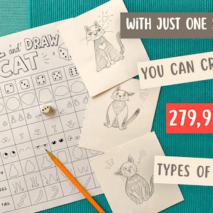 May include: A white paper game sheet titled ROLL and DRAW CAT with a grid of drawing options, a six-sided die, and a yellow pencil. Three separate white papers show hand-drawn cat illustrations. Text reads WITH JUST ONE SHEET YOU CAN CREATE 279,936 TYPES OF CATS.