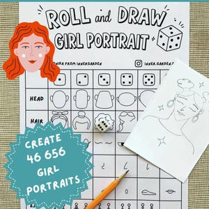 May include: A Roll and Draw Girl Portrait activity sheet with a grid of facial features, a six-sided die, and a yellow pencil. The paper features the text Roll and Draw Girl Portrait, Create 46 656 Girl Portraits, and A4 & US Letter Sizes.