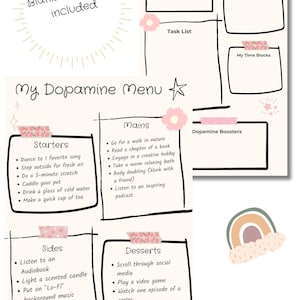 Könnte beinhalten: Eine druckbare Planerseite mit dem Text "Today's Focus" und "My Dopamine Menu". Der Planer enthält Abschnitte für Aufgaben, Zeitblöcke und Dopamin-Booster mit Aktivitätslisten. Dekorative Elemente sind Washi-Tape, Blumen und ein Regenbogen.