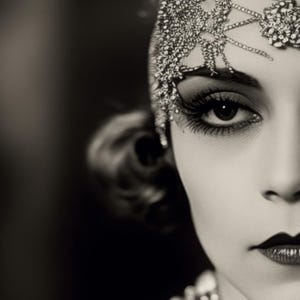 Può includere: Ritratto in bianco e nero di una donna adornata con una fascia gioiello e collane di perle multiple. Il rossetto scuro e il trucco drammatico sugli occhi evocano l'estetica degli anni '20.