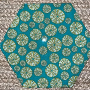 Puede incluir: Posavasos hexagonal con fondo turquesa y un patrón de diseños de erizos de mar blancos y amarillos. El posavasos está hecho de un material brillante y se utiliza para colocar bebidas.
