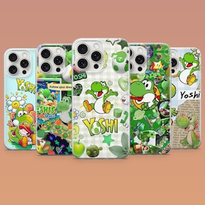 May include: A collection of five phone cases featuring colorful designs of the character Yoshi from the Super Mario franchise. Each case showcases a unique pattern with Yoshi, text, and various themed elements. The cases are designed for a smartphone.