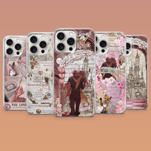 May include: A collection of phone cases with unique designs. The cases feature illustrations with a romantic theme, including figures, flowers, and text. The color palette includes pink, brown, and white, creating a whimsical aesthetic.