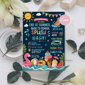 May include: A dark blue invitation card for an End of Summer Back to School Splash Bash on August 16, 2025, at 4:00 PM in Austin, TX. The design features a sun, flamingo float, ice cream, watermelon, and text detailing event activities.