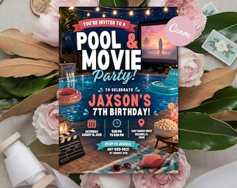 Backyard Movie Pool Party Invitation, Summer Movie Night Birthday Invite, Editable Canva Swim Party Template