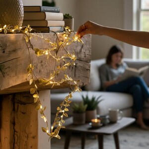 Pode incluir: Guirlanda decorativa de folhas douradas com pequenas luzes LED brancas quentes. A guirlanda é colocada sobre uma viga de madeira rústica. Uma mão ajusta as folhas. Decoração de interiores.