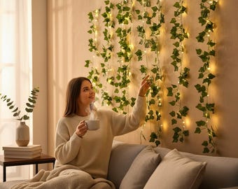 Grün Efeu Lichterkette | Realistische Seidenblätter, batteriebetriebene Fairy Vine Girlande