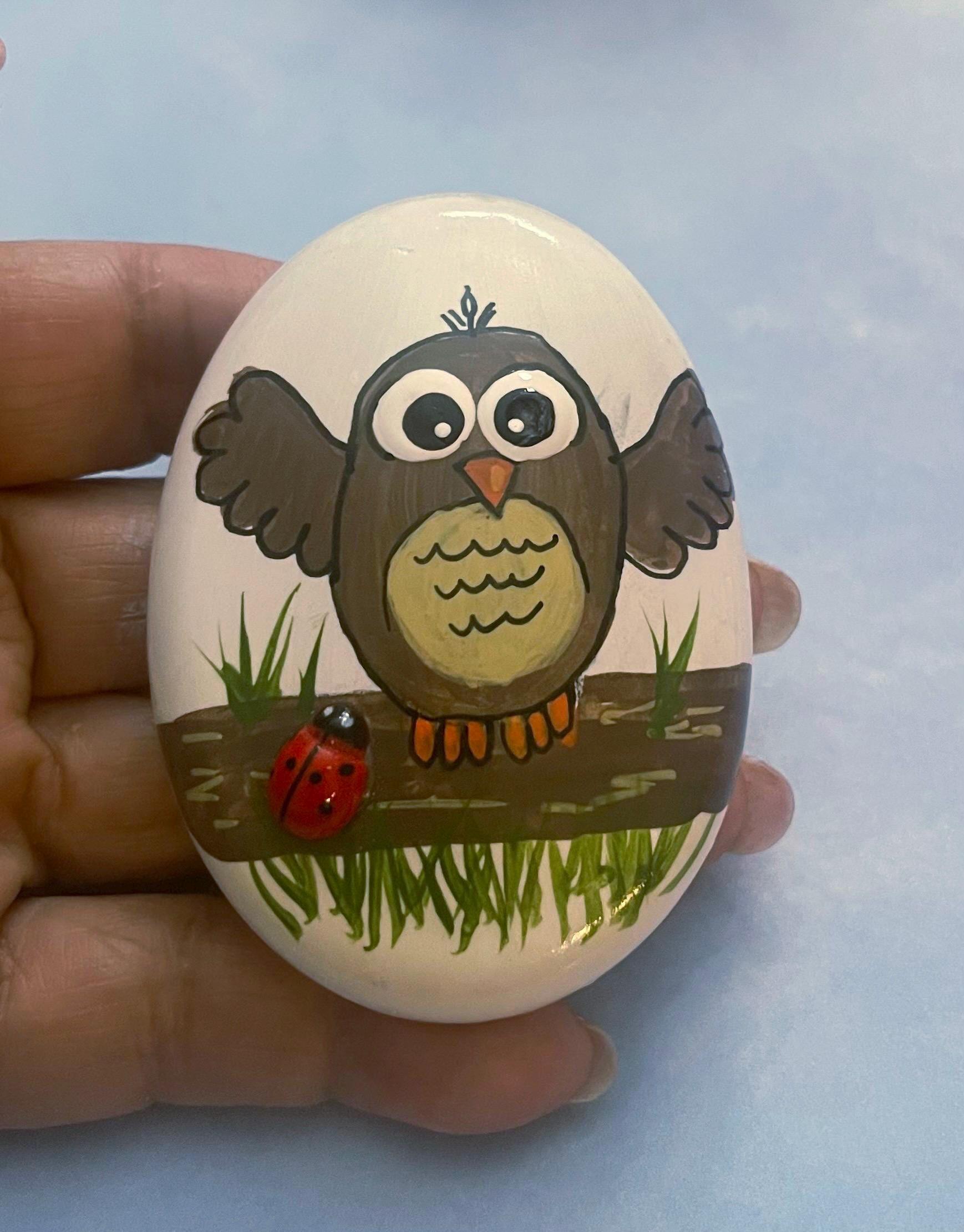 Painted Rock, Owl on a Log, Ladybug, Tiered Tray Decor, Collectible
